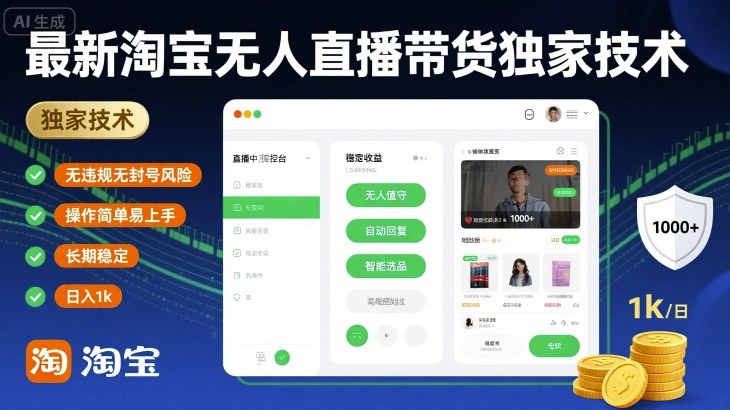 最新淘宝无人直播带货独家技术，无违规无封号风险，操作简单易上手，长期稳定日入1k【揭秘】-九九网创
