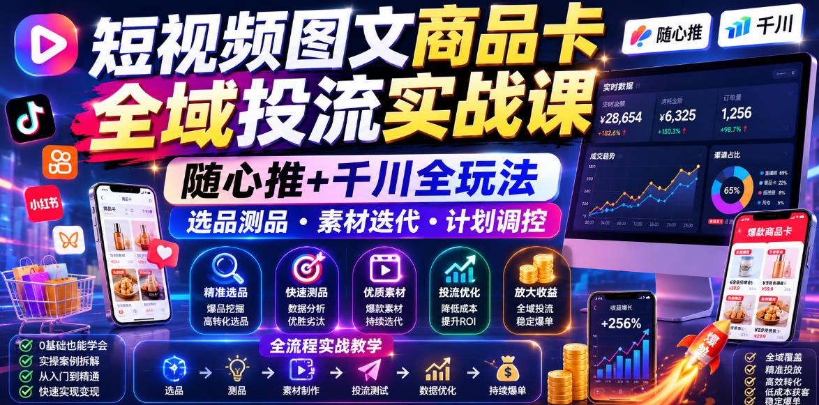 短视频图文商品卡全域投流实战课，随心推+千川全玩法，选品测品・素材迭代・计划调控，提升ROI爆单增收教程-九九网创