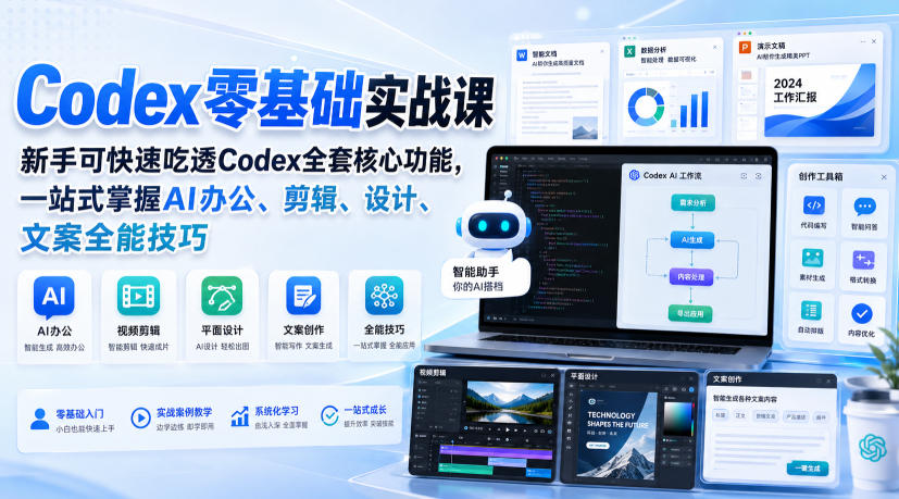 Codex零基础实战课，新手可快速吃透Codex全套核心功能，一站式掌握AI办公、剪辑、设计、文案全能技巧-九九网创