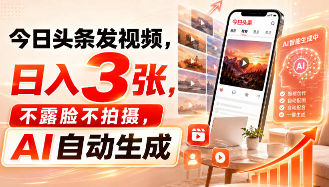 今日头条发视频，日入3张，不露脸不拍摄，AI自动生成-九九网创