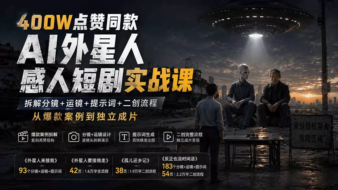 400W点赞同款AI外星人感人短剧实战课-更新1009:拆解分镜+运镜+提示词+二创流程,从爆款案例到独立成片 400W点赞同款AI外星人感人短剧实战课-更新1009:拆解分镜+运镜+提示词+二创流程,从爆款案例到独立成片