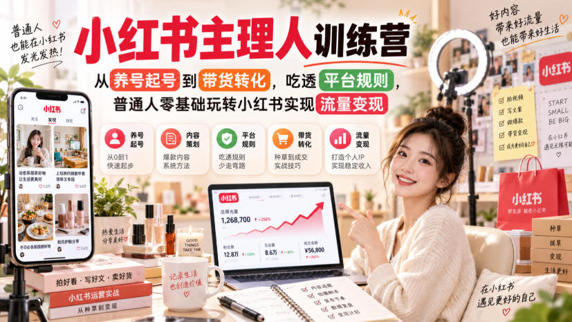 小红书主理人训练营，从养号起号到带货转化，吃透平台规则，普通人零基础玩转小红书实现流量变现-九九网创