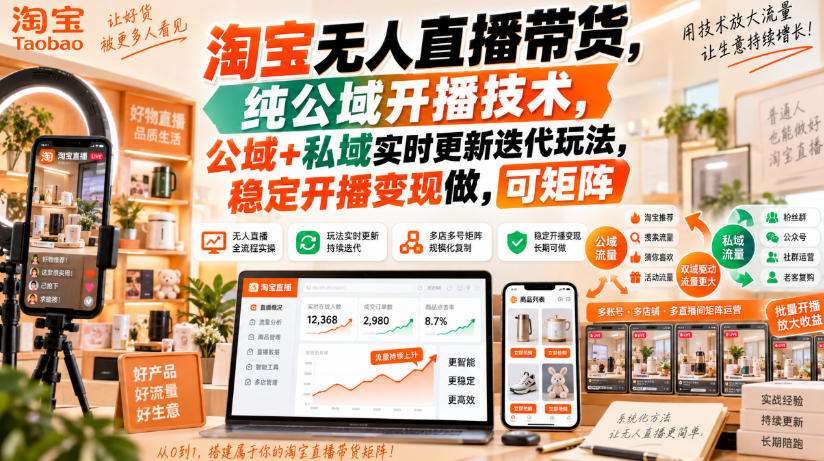 淘宝无人直播带货，纯公域开播技术，公域+私域实时更新迭代玩法，稳定开播变现做，可矩阵【揭秘】-九九网创