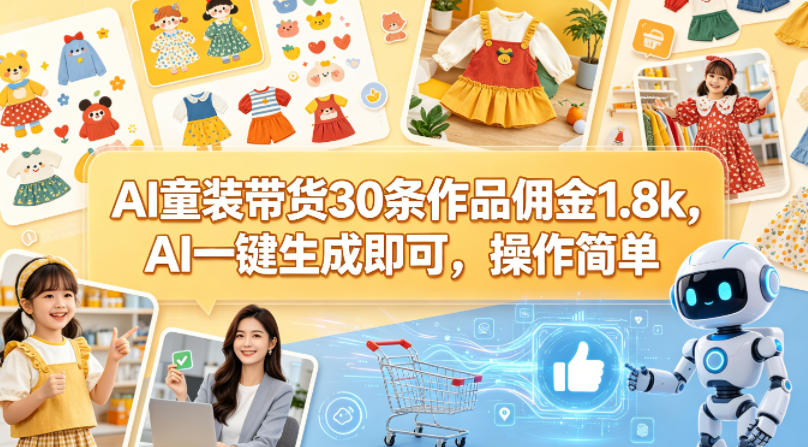 AI童装带货30条作品佣金1.8k，AI一键生成即可，操作简单-九九网创