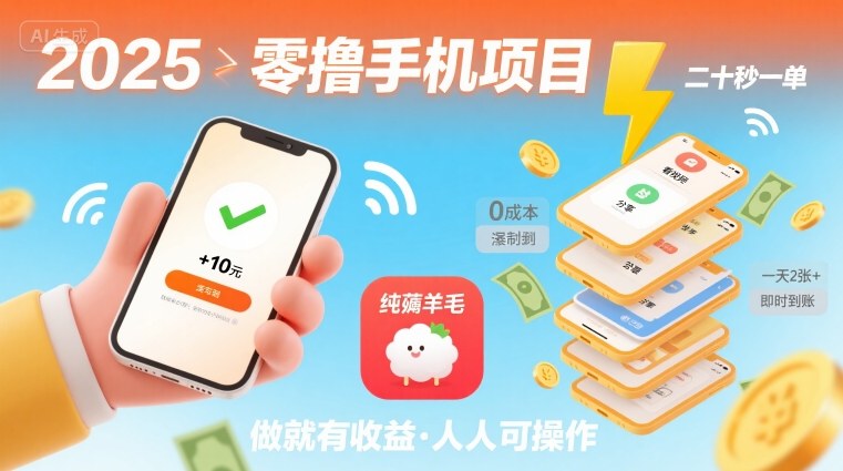 2025年零撸手机项目，二十秒一单，纯薅羊毛 一天2张+做就有-九九网创