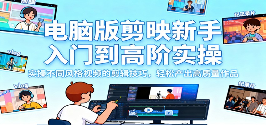 电脑版剪映新手入门到高阶实操，实操不同风格视频的剪辑技巧，轻松产出高质量作品-九九网创