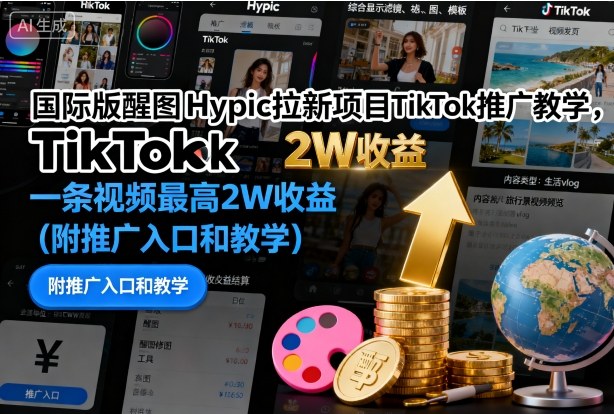 国际版醒图Hypic拉新项目TikTok推广教学，一条视频最高2W收益(附推广入口和教学)-九九网创