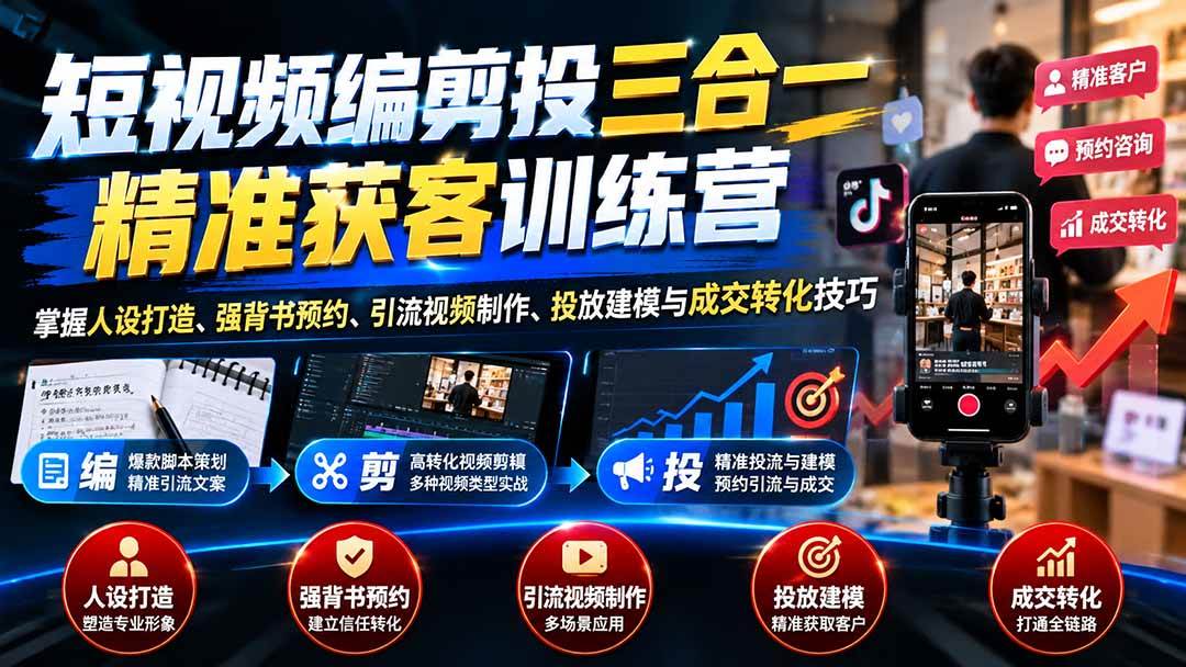 （20910期）短视频编剪投三合一精准获客训练营：掌握人设打造、强背书预约、引流视频制作、投放建模与成交转化技巧-九九网创