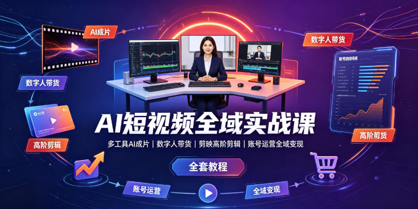 AI短视频全域实战课｜多工具AI成片、数字人带货、剪映高阶剪辑、账号运营全域变现全套教程-九九网创