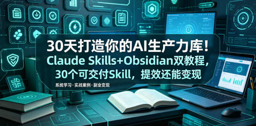 30天打造你的AI生产力库！Claude Skills+Obsidian 双教程，30 个可交付 Skill，提效还能变现-九九网创
