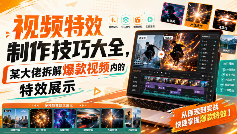 视频特效制作技巧大全，某大佬拆解爆款视频内的特效展示-九九网创