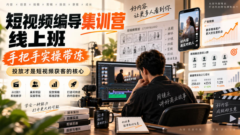 短视频编导集训营线上班，手把手实操带冻，投放才是短视频获客的核心-九九网创