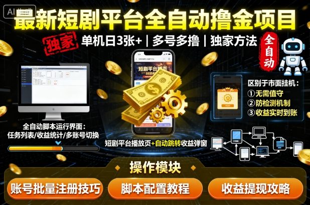 最新短剧平台全自动挂G撸金项目，单机一天3张+，多号多撸，区别于市面所有挂机项目，独家方法【揭秘】-九九网创