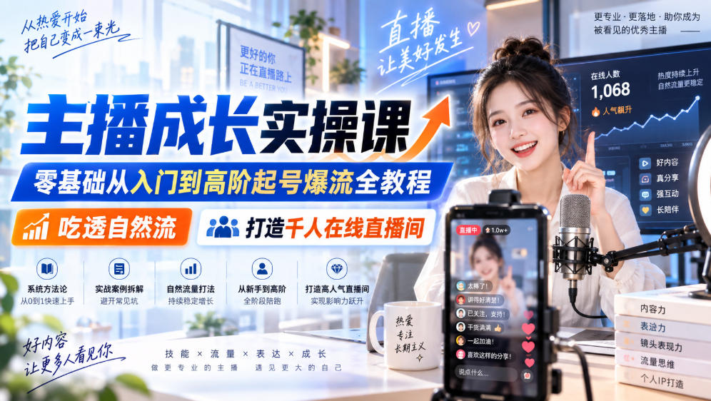 主播成长实操课｜零基础从入门到高阶起号爆流全教程，吃透自然流，打造千人在线直播间-九九网创