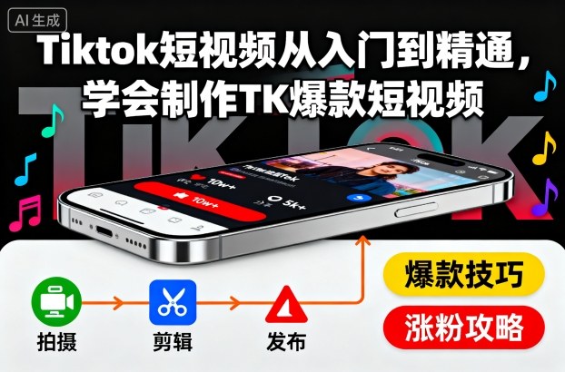 Tiktok短视频从入门到精通,学会制作TK爆款短视频-九九网创