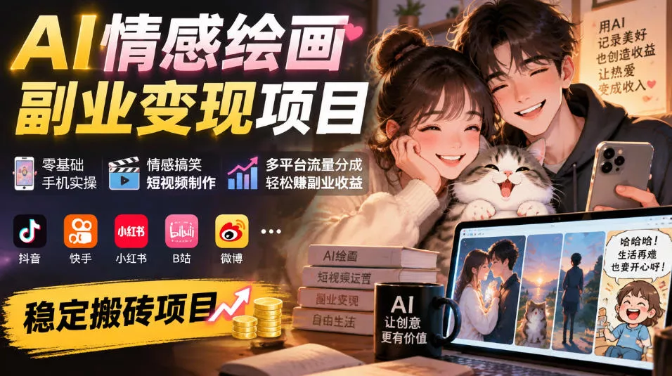 AI情感绘画副业变现项目｜零基础手机实操，情感搞笑短视频制作，多平台流量分成轻松賺副业收益-九九网创