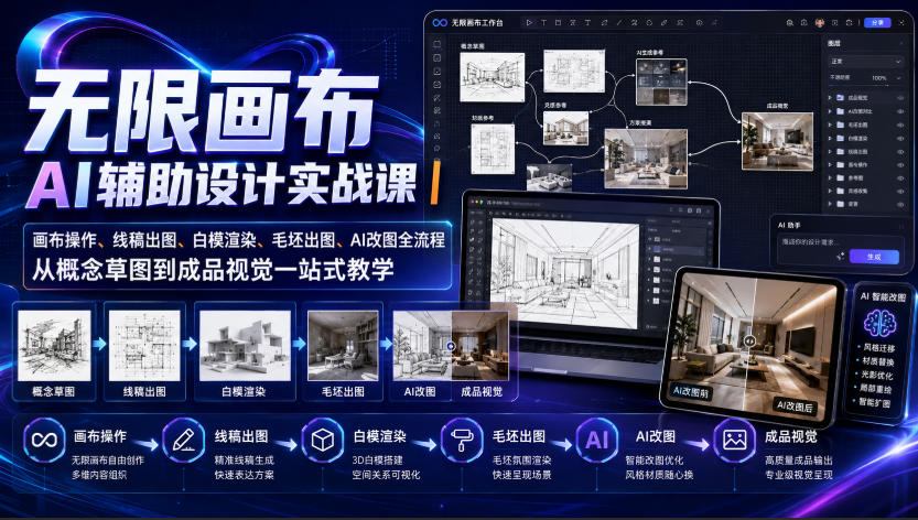 无限画布AI辅助设计实战课｜画布操作、线稿出图、白模渲染、毛坯出图、AI改图全流程，从概念草图到成品视觉一站式教学-九九网创