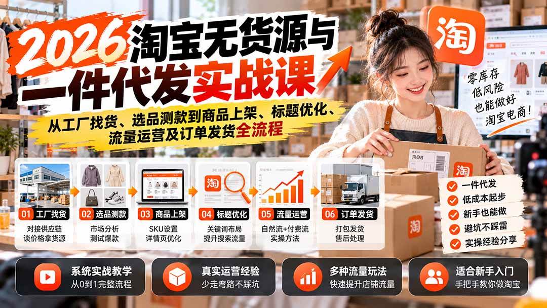 （20903期）2026淘宝无货源与一件代发实战课：从工厂找货、选品测款到商品上架、标题优化、流量运营及订单发货全流程-九九网创