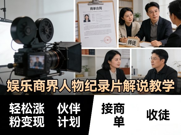 娱乐商界人物纪录片解说教学,轻松涨粉变现,伙伴计划,接商单,收徒等-九九网创