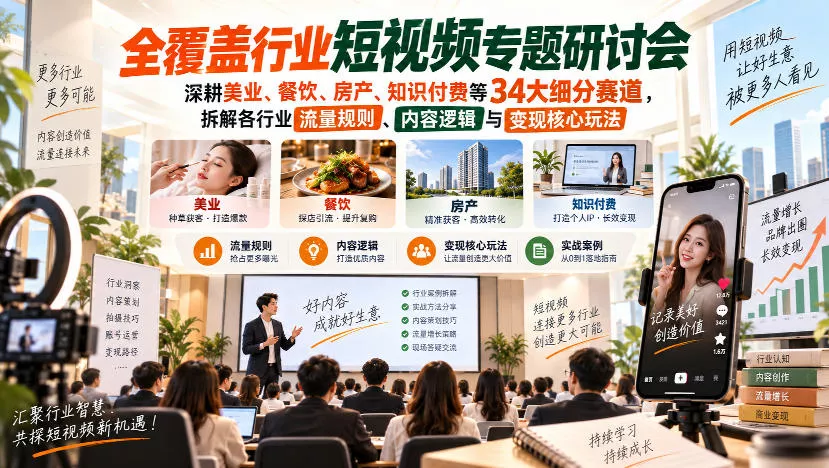 短视频专题研讨会，深耕美业、餐饮、房产、知识付费等34大细分赛道，拆解各行业流量规则、内容逻辑与变现核心玩法-九九网创