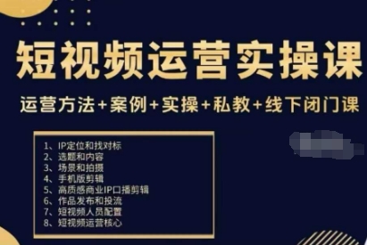 短视频运营实操课，运营方法+案例+实操+私教+线下闭门课-九九网创