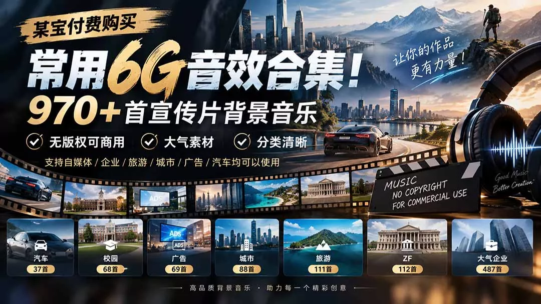 某宝付费购买，常用6G音效合集！970+首宣传片背景音乐，无版权可商用大气素材，分类清晰-九九网创
