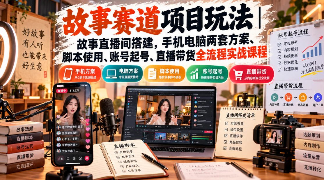 故事赛道项目玩法｜故事直播间搭建，手机电脑两套方案、脚本使用、账号起号、直播带货全流程实战课程-九九网创