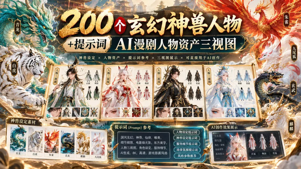 200个玄幻神兽人物+提示词ai漫剧人物资产三视图-九九网创