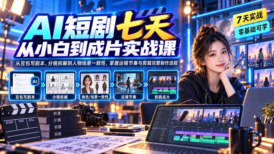 AI短剧七天从小白到成片实战课：从豆包写剧本、分镜拆解到人物场景一致性，掌握运镜节奏与剪辑完整制作流程-九九网创