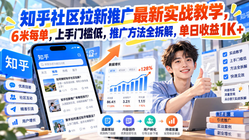 知乎社区拉新推广最新实战教学，6米每单，上手门槛低，推广方法全拆解，单日收益1K+！-九九网创