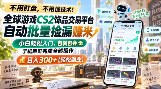全球游戏CS2饰品交易平台自动批量捡漏賺米，小白轻松入门，包教包会，手机即可完成全部操作，日入300+【揭秘】-九九网创
