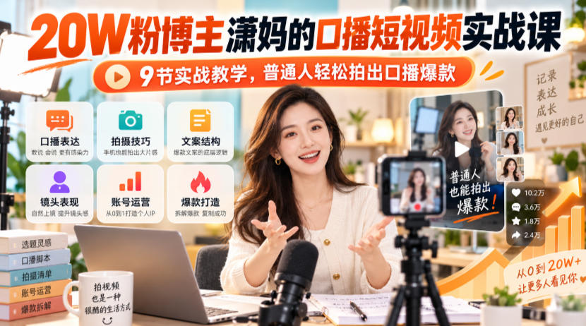 20W粉博主潇妈的口播短视频实战课，9节实战教学，普通人轻松拍出口播爆款-九九网创