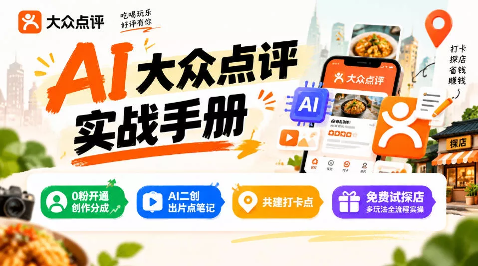 某局的AI大众点评实战手册，0粉开通创作分成、AI二创出片点笔记、共建打卡点、免费试探店多玩法全流程实操-九九网创