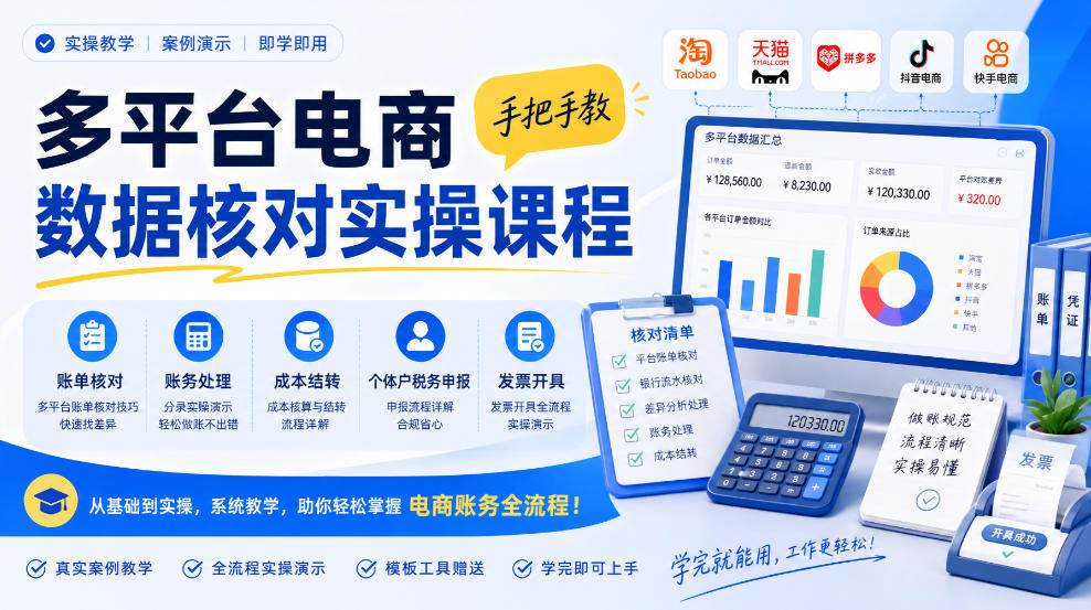 多平台电商数据核对实操课程，手把手教账单核对、账务处理、成本结转、个体户税务申报与发票开具-九九网创