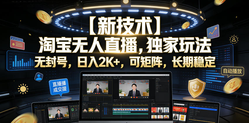 【新技术】淘宝无人直播，独家玩法，无封号，日入2K+，可矩阵，长期稳定【揭秘】-九九网创