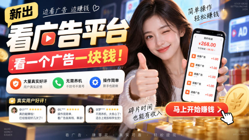 新出看广告平台，看一个广告一块钱，大量真实好评！无需养机、不会黑号，操作简单【揭秘】-九九网创