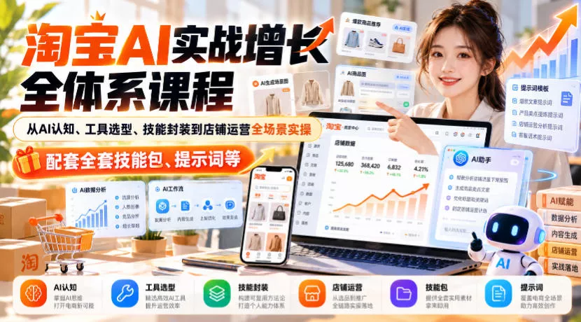 淘宝AI实战增长全体系课程，从AI认知、工具选型、技能封装到店铺运营全场景实操，配套全套技能包、提示词等-九九网创