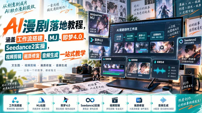 AI漫剧落地教程，涵盖工作流搭建、MJ、即梦4.0、Seedance2实操，视频剪辑画质修复音频生成一站式教学-九九网创