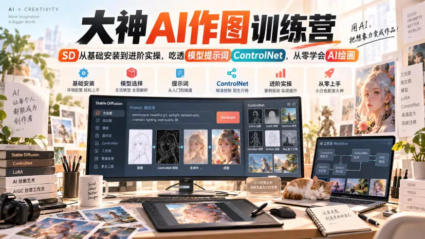 大神AI作图训练营，SD从基础安装到进阶实操，吃透模型提示词ControlNet，从零学会AI绘画-九九网创
