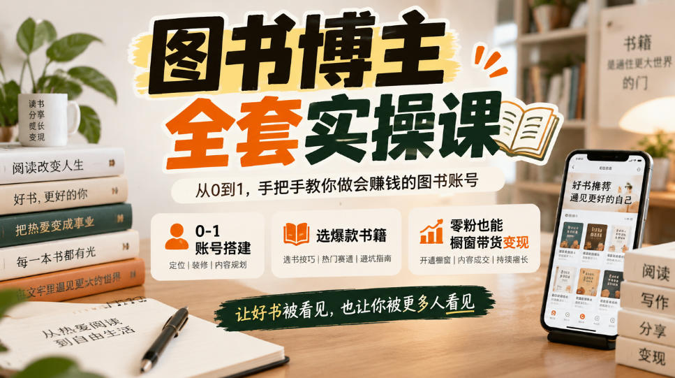 图书博主全套实操课，0‑1账号搭建，选爆款书籍，零粉也能橱窗带货变现-九九网创