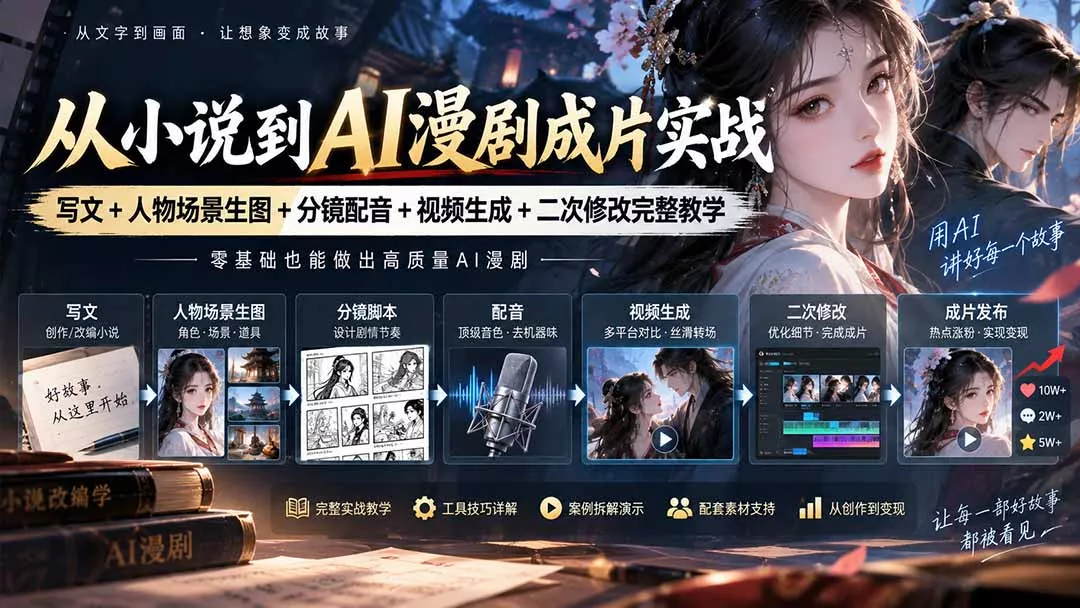 从小说到AI漫剧成片实战：写文+人物场景生图+分镜配音+视频生成+二次修改完整教学-九九网创