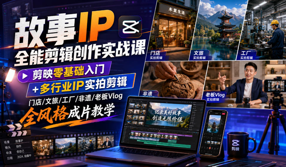 故事IP全能剪辑创作实战课｜剪映零基础入门+多行业IP实拍剪辑，门店/文旅/工厂/非遗/老板Vlog全风格成片教学-九九网创