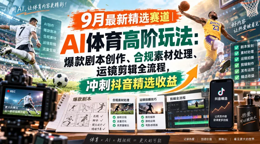 某大佬的9月最新精选赛道之AI体育顶级玩法,爆款剧本创作、版权规避、运镜剪辑全流程,稳拿抖音精选收益 某大佬的9月最新精选赛道之AI体育顶级玩法,爆款剧本创作、版权规避、运镜剪辑全流程,稳拿抖音精选收益