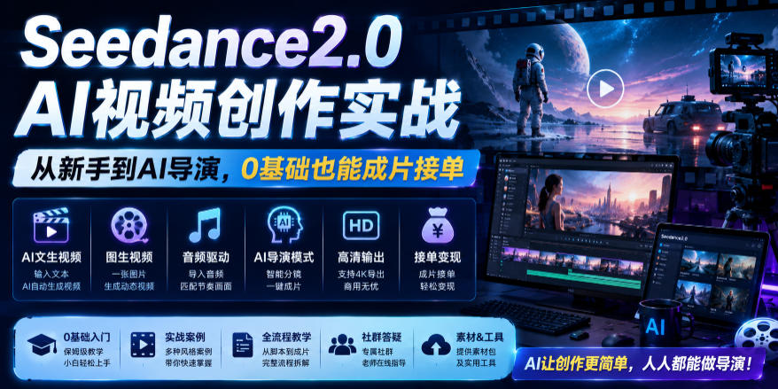 Seedance2.0 AI视频创作实战,从新手到AI导演,0基础也能成片接单变现-九九网创