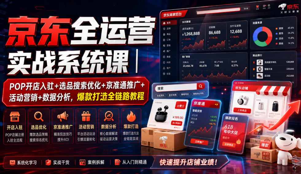 京东全运营实战系统课｜POP开店入驻+选品搜索优化+京准通推广+活动营销+数据分析，爆款打造全链路教程-九九网创