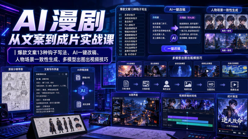 AI漫剧从文案到成片实战课｜爆款文案13种钩子写法、AI一键改稿、人物场景一致性生成、多模型出图出视频技巧-九九网创
