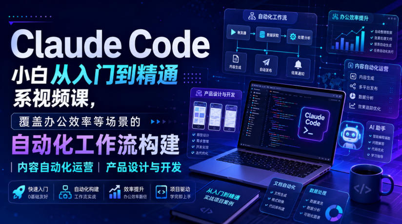 Claude Code小白从入门到精通系视频课，覆盖办公效率等场景的自动化工作流构建|内容自动化运营|产品设计与开发-九九网创