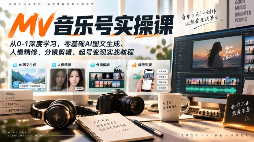 AI MV音乐号实操课，从0-1深度学习，零基础AI图文生成、人像精修、分镜剪辑、起号变现实战教程-九九网创
