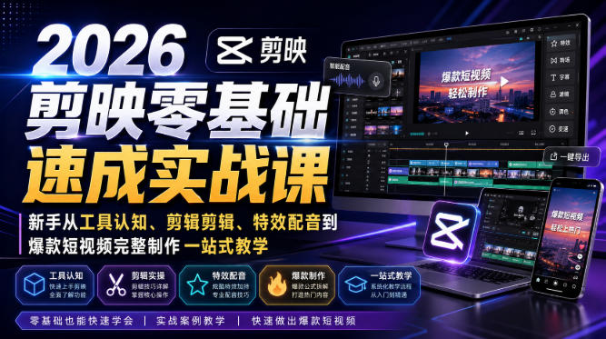 2026剪映零基础速成实战课｜新手从工具认知、剪辑剪辑、特效配音到爆款短视频完整制作一站式教学-九九网创