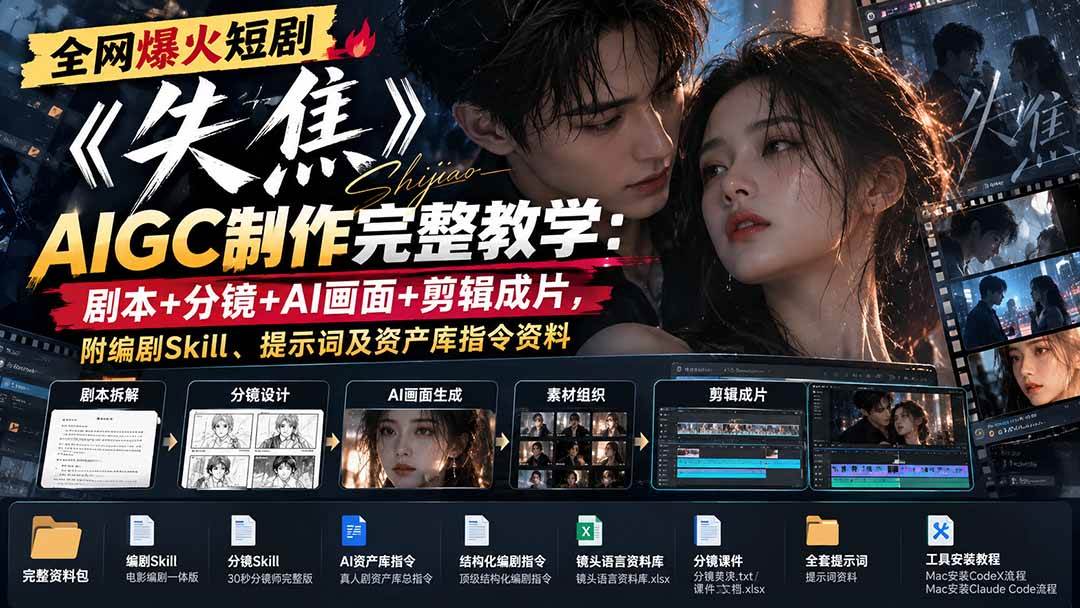 (20805期)全网爆火短剧《失焦》AIGC制作完整教学:剧本+分镜+AI画面+剪辑成片,附编剧Skill、提示词及资产库指令资料-九九网创
